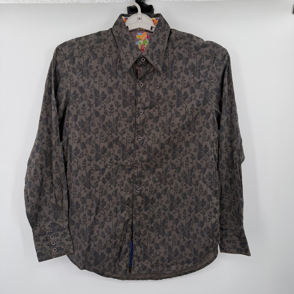 Robert Graham Mens Brown Blue Striped Floral Silk Trim Button Down Shirt Size M